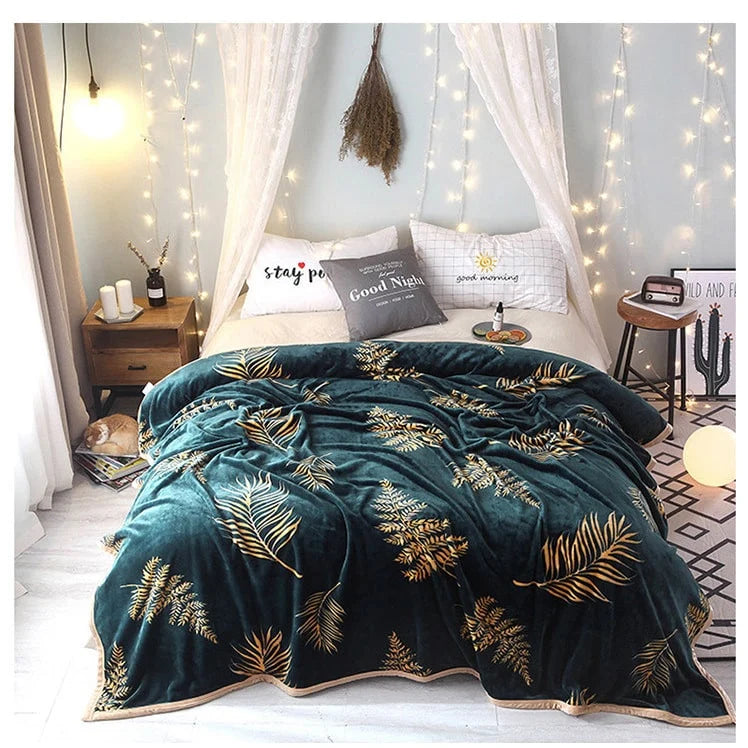 Throw Blanket Plush Flannel Botanical Leaf Pattern
