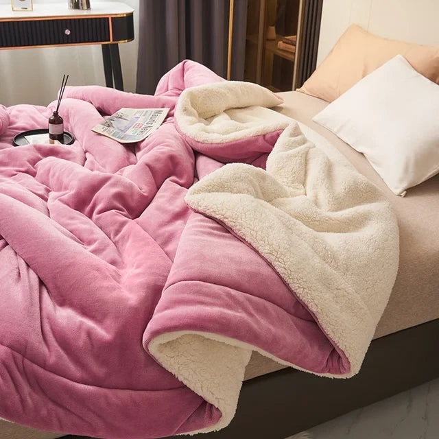 Throw Blanket Quilted Flannel Fleece Sherpa Lining Machine Washable