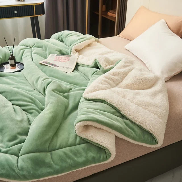 Throw Blanket Quilted Flannel Fleece Sherpa Lining Machine Washable