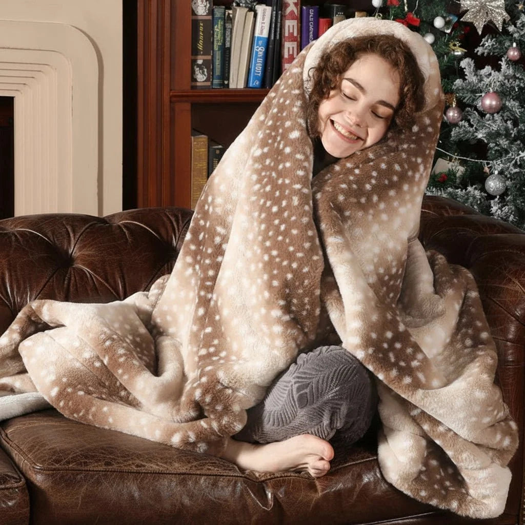 Throw Blanket Reversible Plush Deer Print Machine Washable