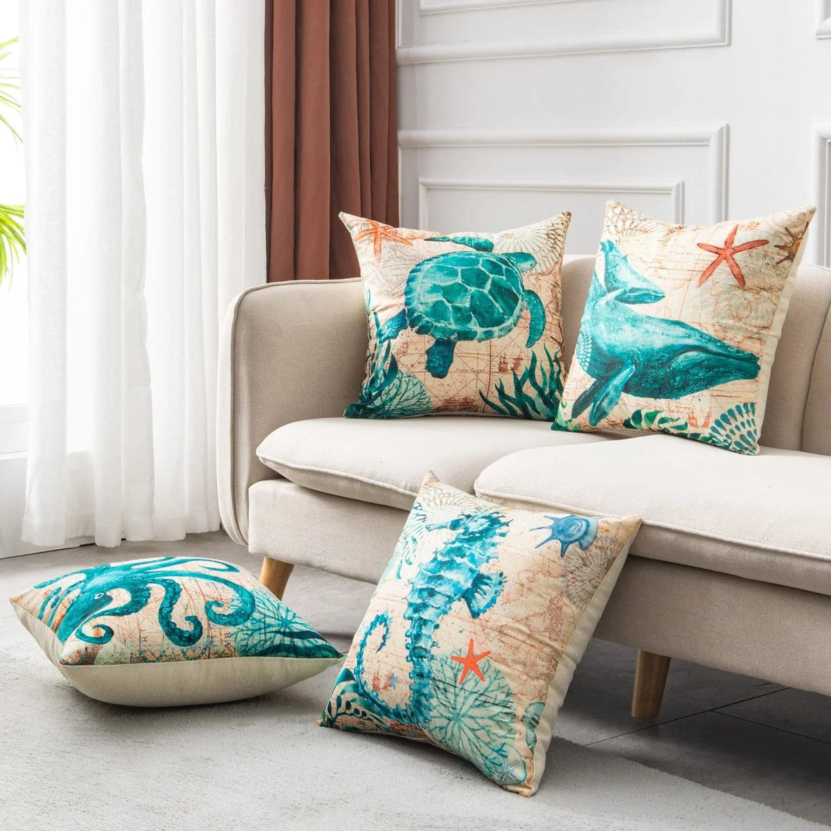 Throw Pillow Covers Marine Life Print Set of 4