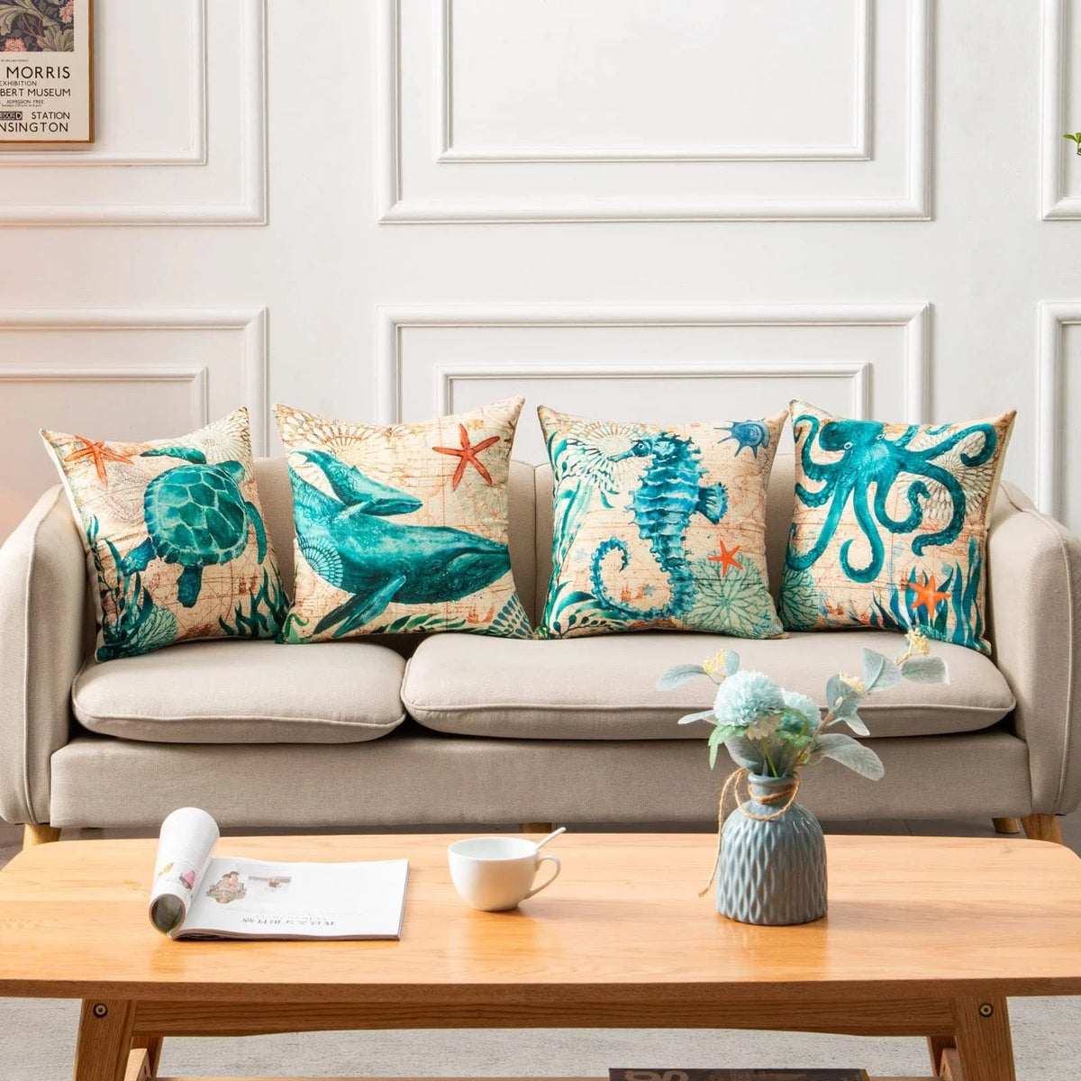 Throw Pillow Covers Marine Life Print Set of 4