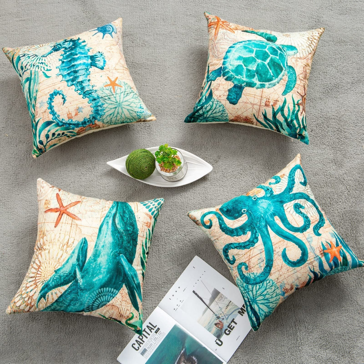 Throw Pillow Covers Marine Life Print Set of 4