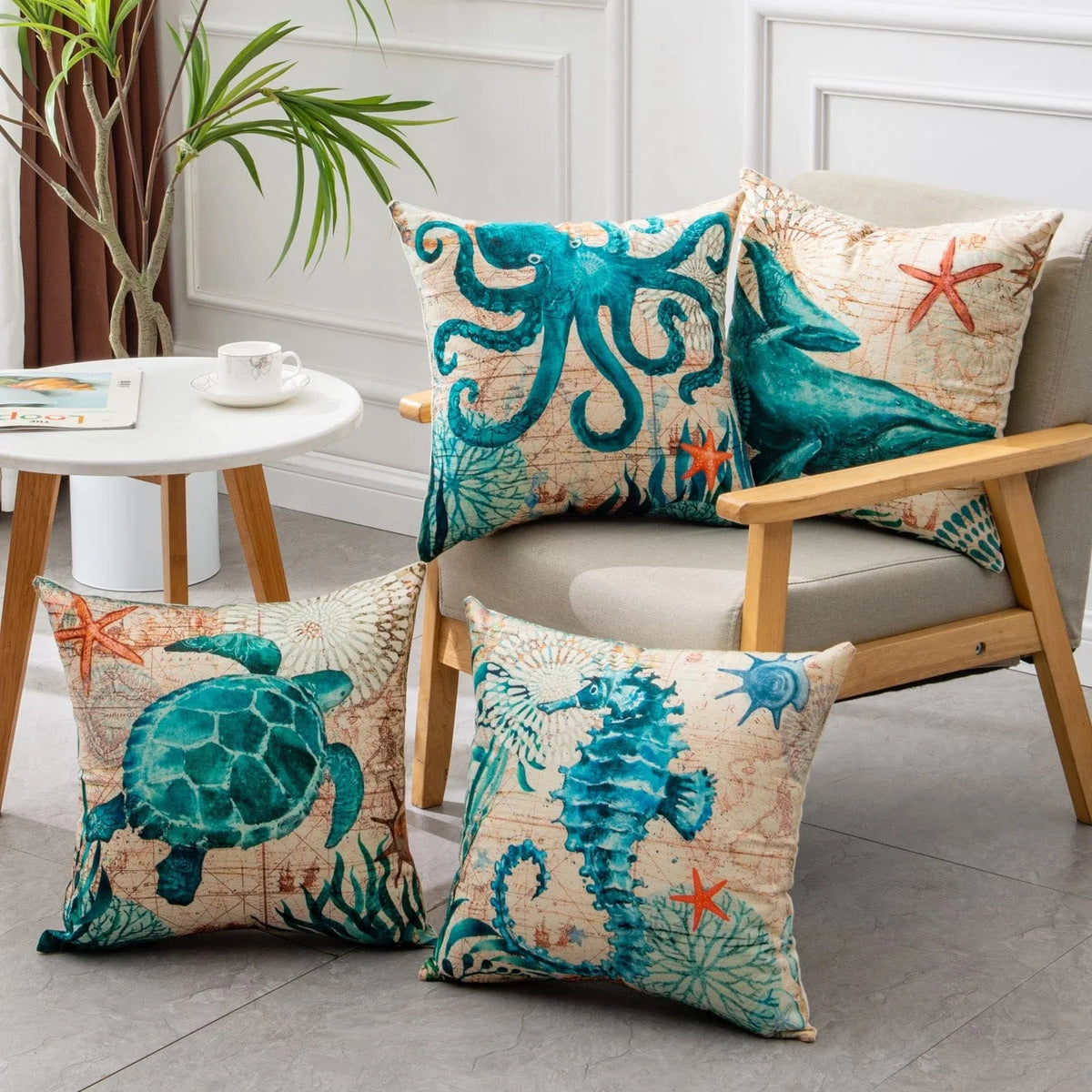 Throw Pillow Covers Marine Life Print Set of 4