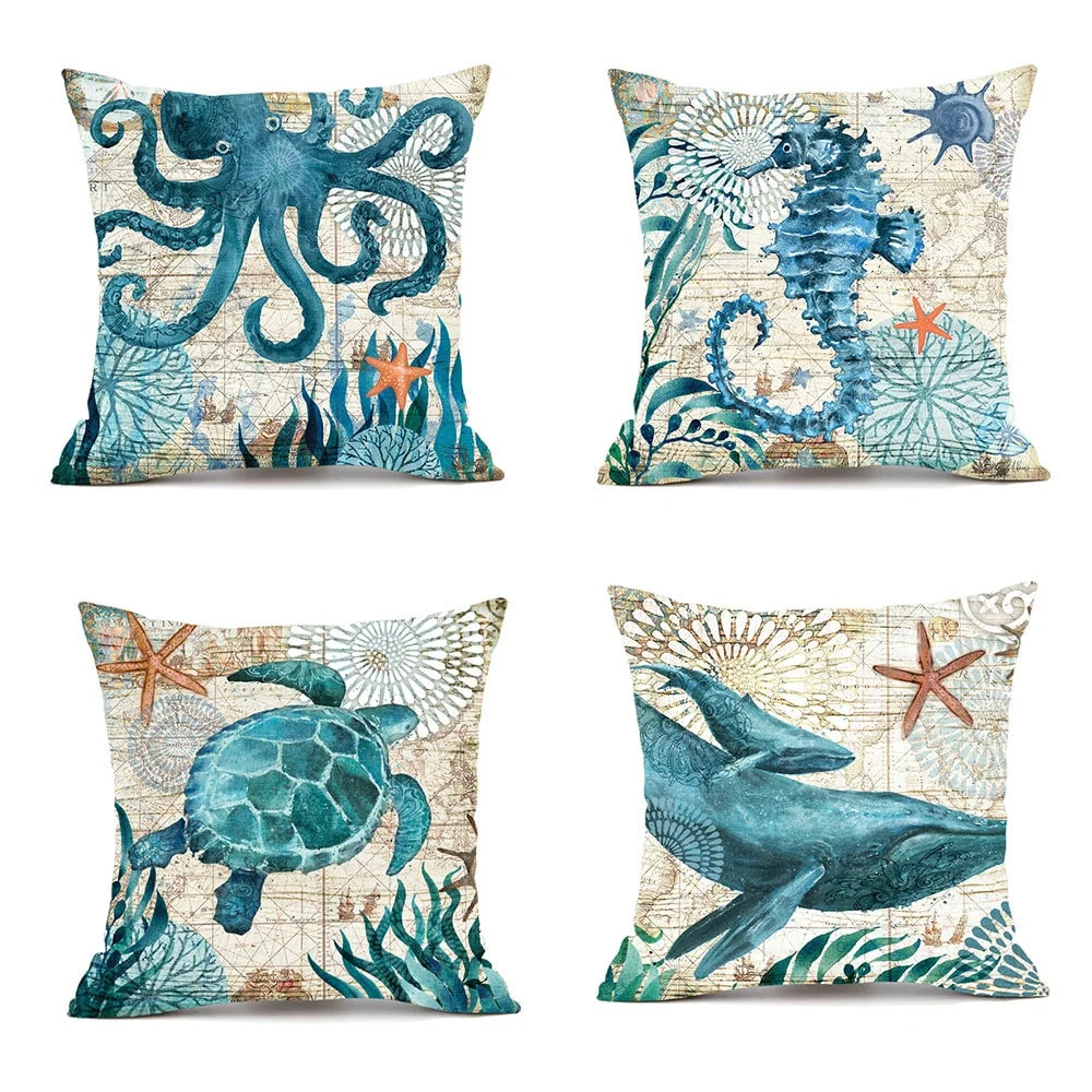 Throw Pillow Covers Marine Life Print Set of 4