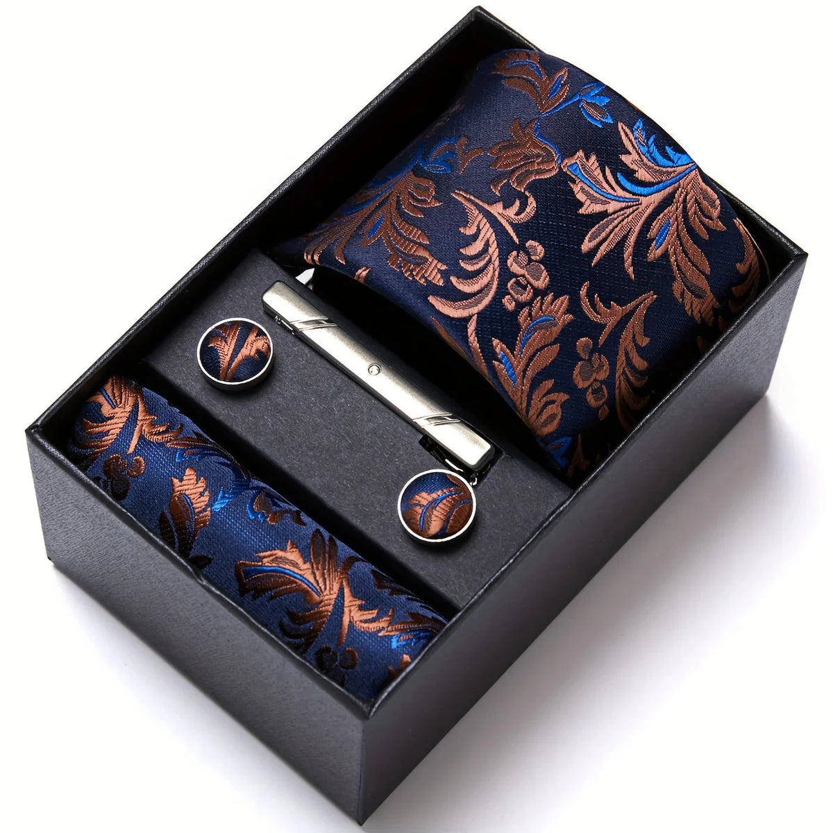 Tie Set Paisley Pattern Four Piece With Pocket Square, Tie Clip & Cufflinks