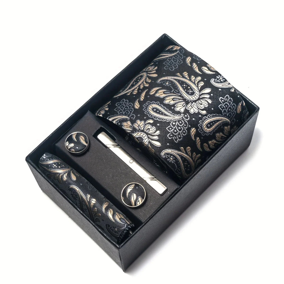 Tie Set Paisley Pattern Four Piece With Pocket Square, Tie Clip & Cufflinks