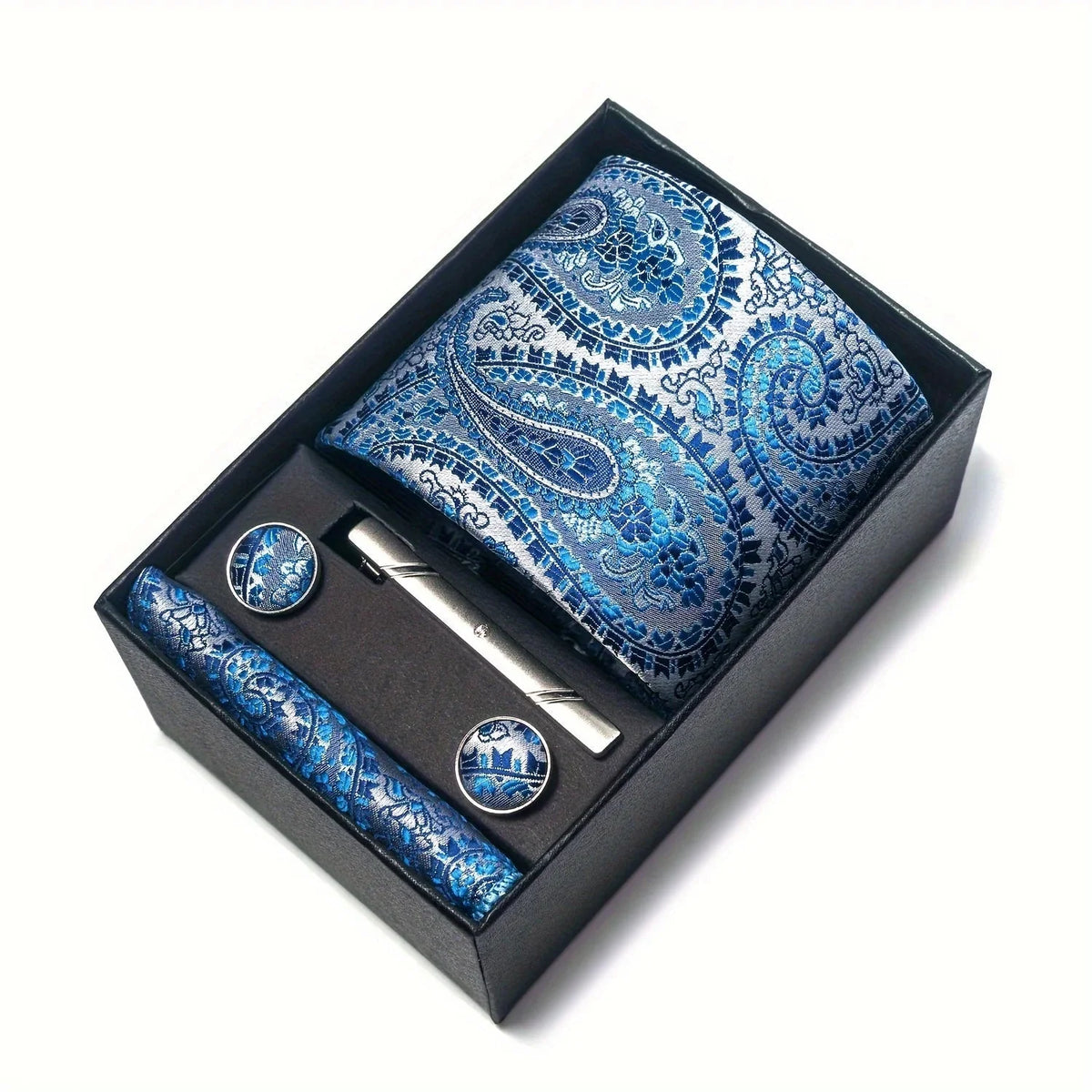 Tie Set Paisley Pattern Four Piece With Pocket Square, Tie Clip & Cufflinks