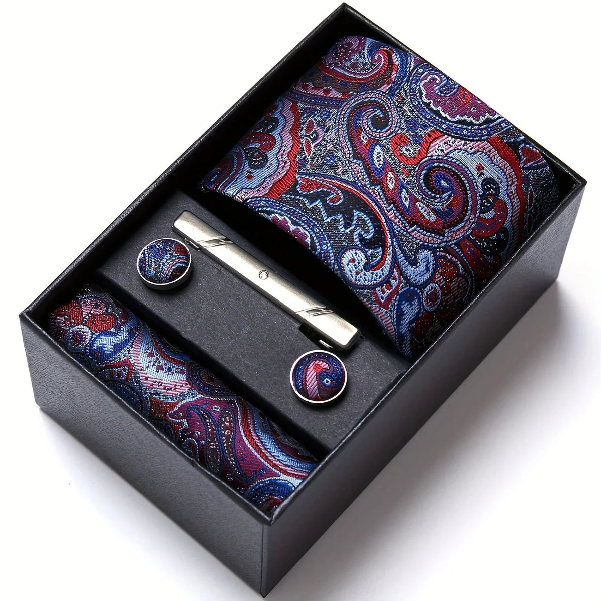 Tie Set Paisley Pattern Four Piece With Pocket Square, Tie Clip & Cufflinks