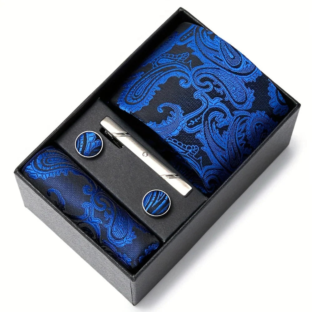 Tie Set Paisley Pattern Four Piece With Pocket Square, Tie Clip & Cufflinks