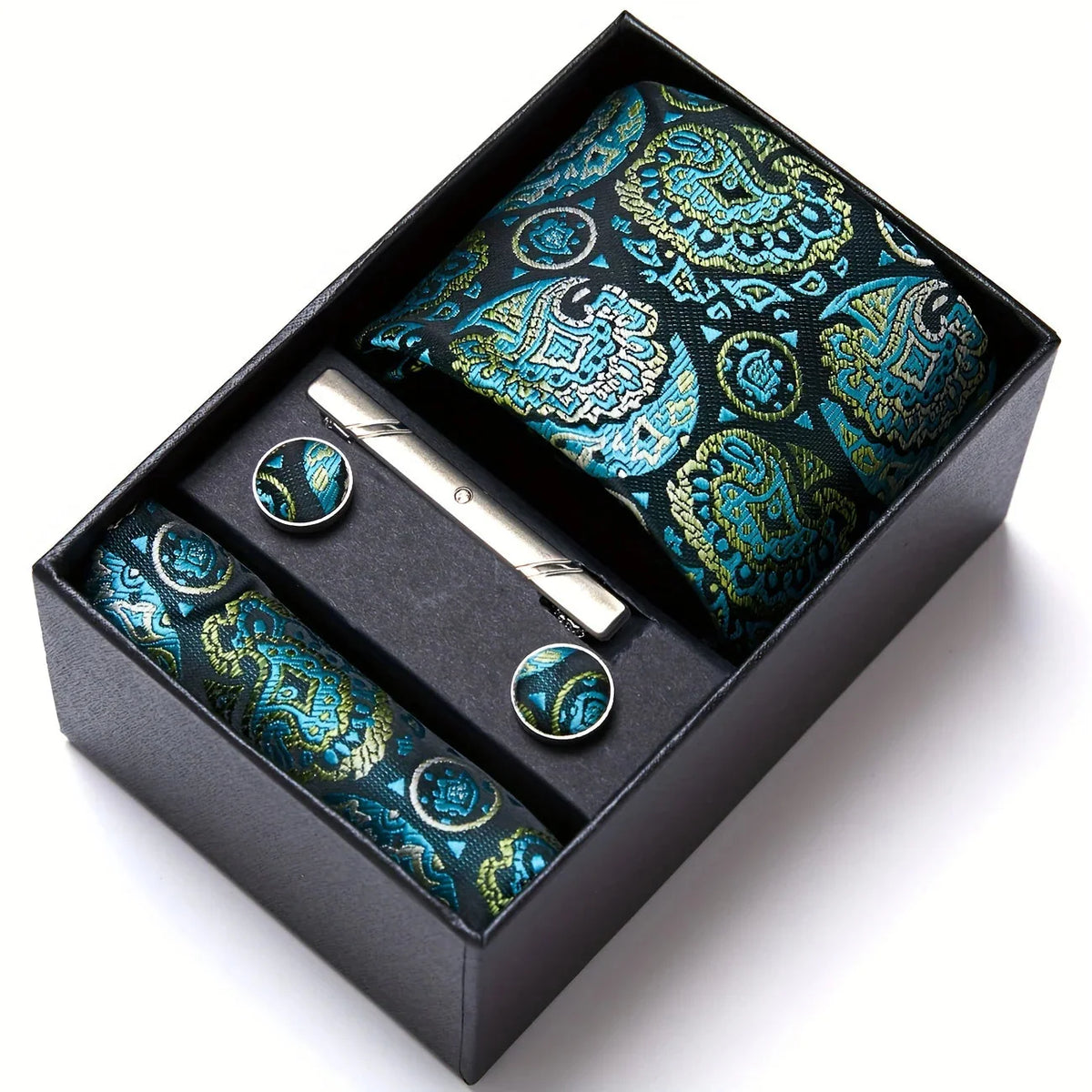 Tie Set Paisley Pattern Four Piece With Pocket Square, Tie Clip & Cufflinks