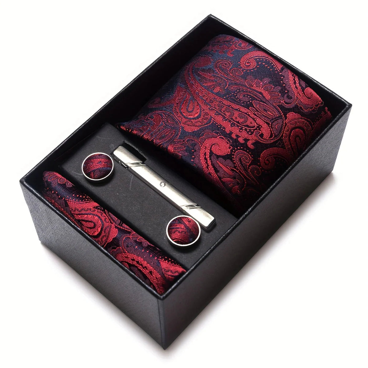 Tie Set Paisley Pattern Four Piece With Pocket Square, Tie Clip & Cufflinks
