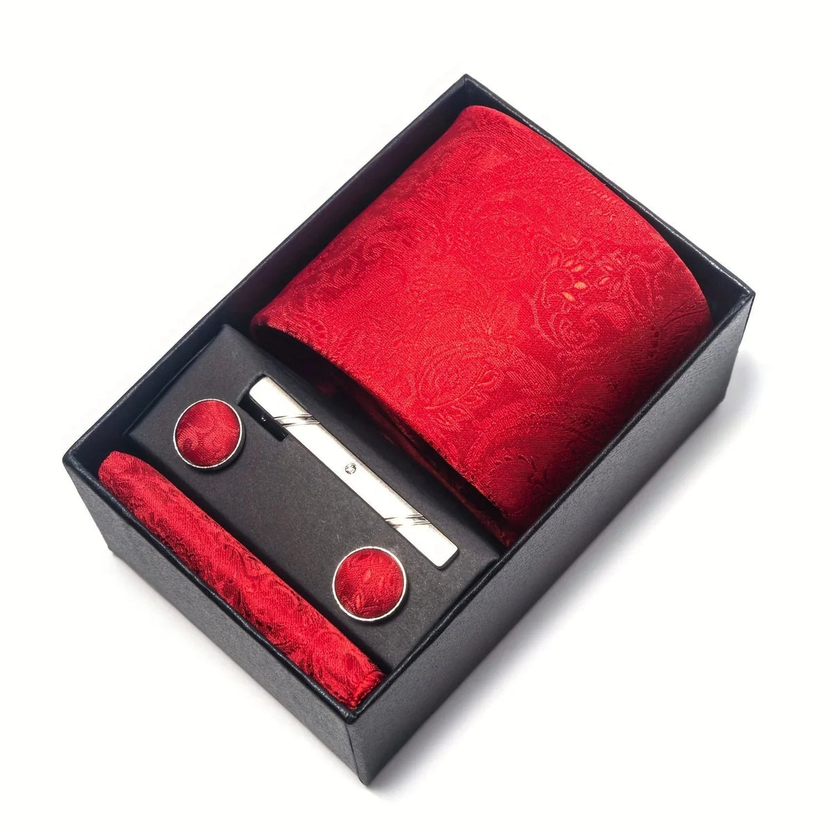 Tie Set Paisley Pattern Four Piece With Pocket Square, Tie Clip & Cufflinks