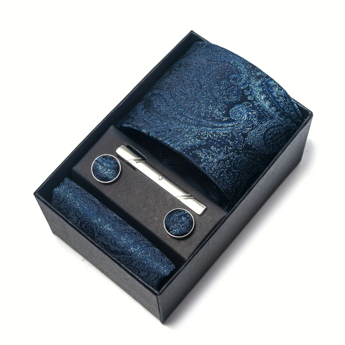 Tie Set Paisley Pattern Four Piece With Pocket Square, Tie Clip & Cufflinks