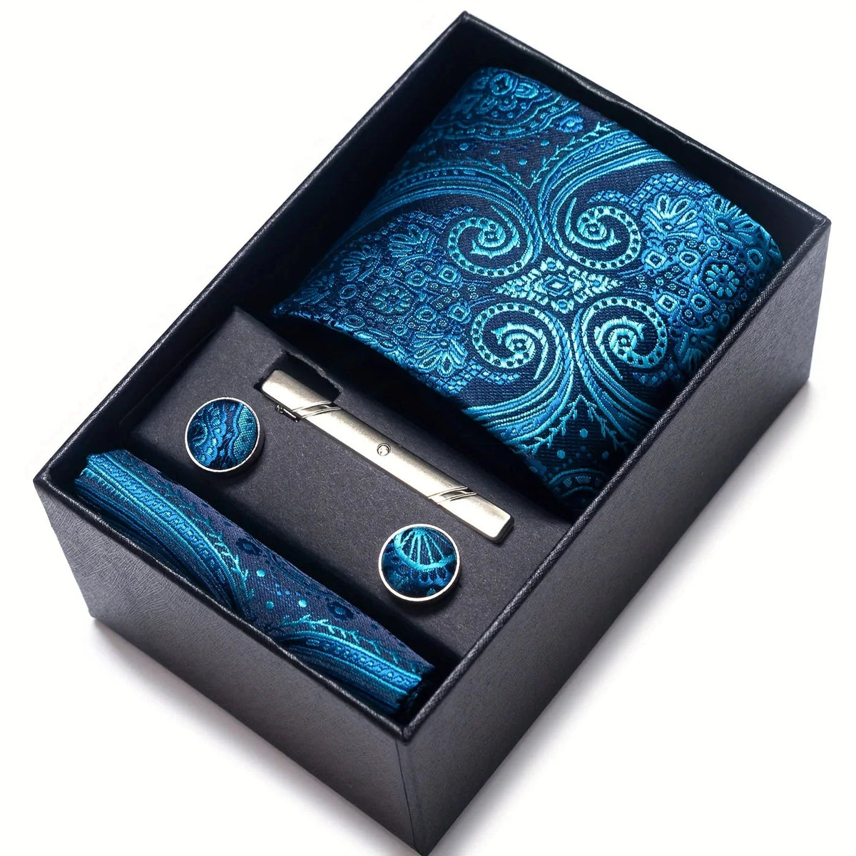 Tie Set Paisley Pattern Four Piece With Pocket Square, Tie Clip & Cufflinks