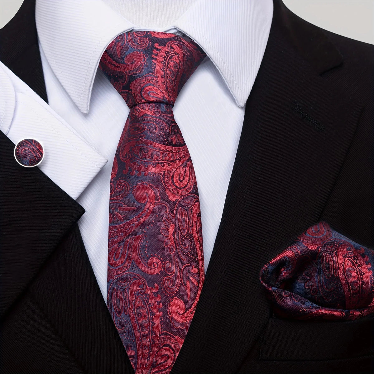 Tie Set Paisley Pattern Four Piece With Pocket Square, Tie Clip & Cufflinks
