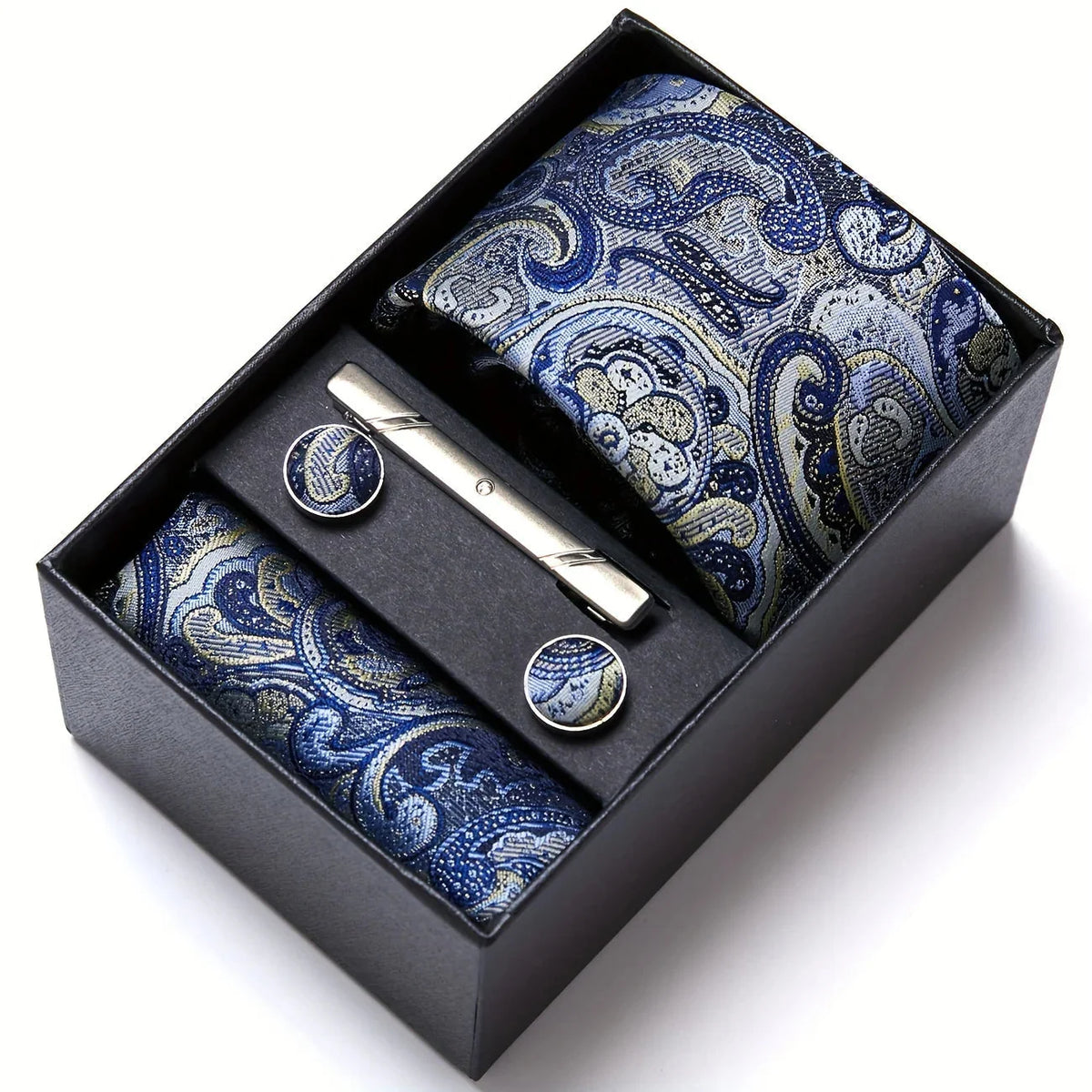 Tie Set Paisley Pattern Four Piece With Pocket Square, Tie Clip & Cufflinks