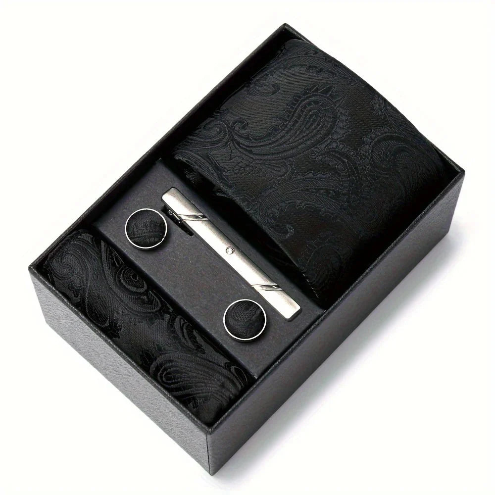 Tie Set Paisley Pattern Four Piece With Pocket Square, Tie Clip & Cufflinks