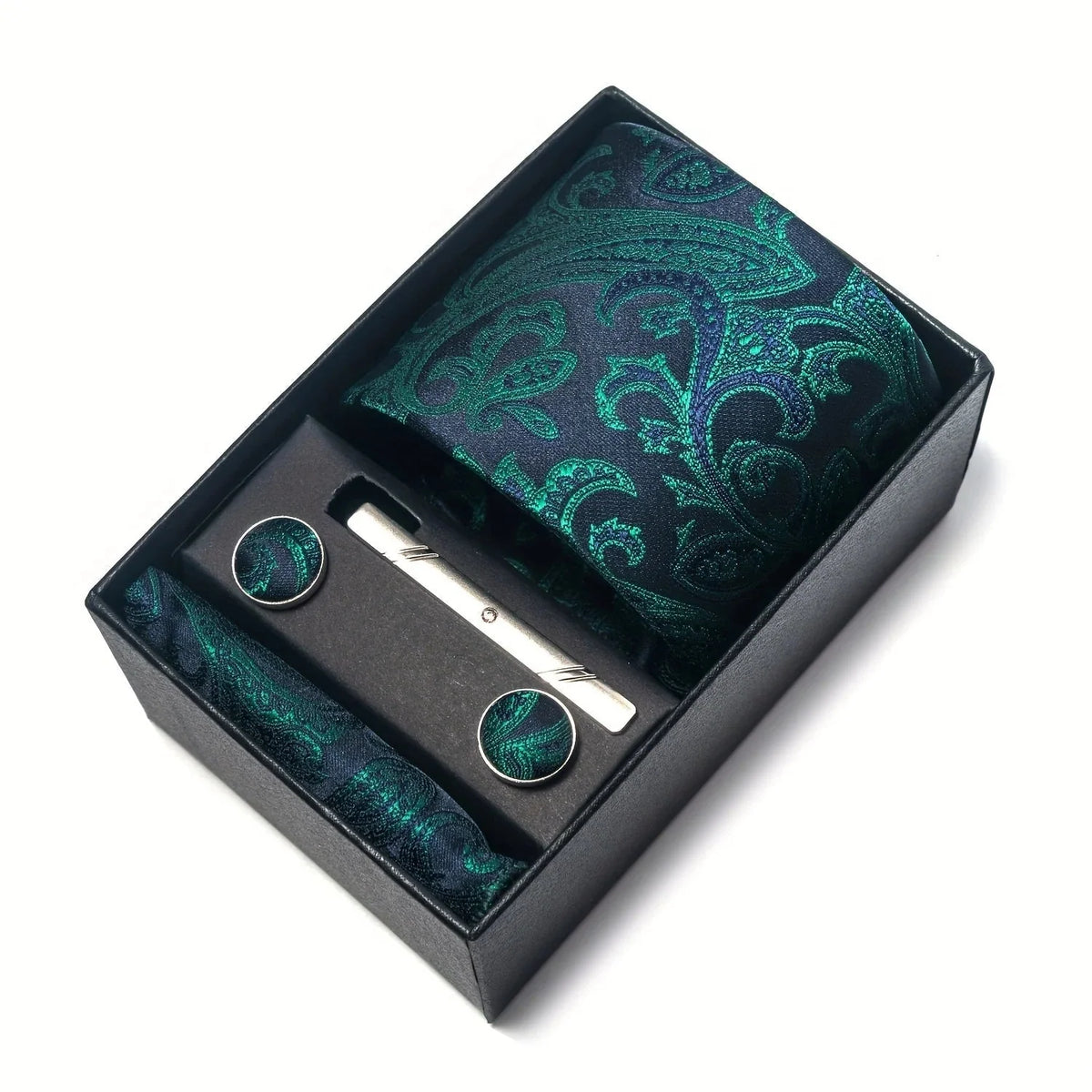 Tie Set Paisley Pattern Four Piece With Pocket Square, Tie Clip & Cufflinks