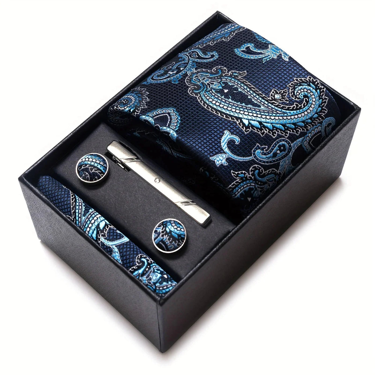 Tie Set Paisley Pattern Four Piece With Pocket Square, Tie Clip & Cufflinks