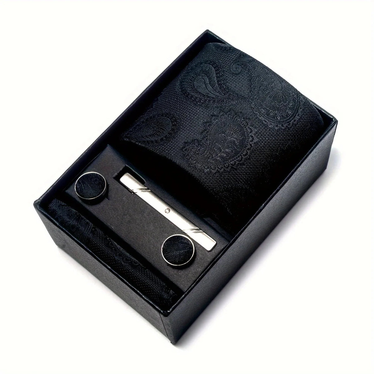Tie Set Paisley Pattern Four Piece With Pocket Square, Tie Clip & Cufflinks