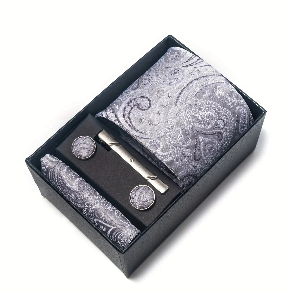 Tie Set Paisley Pattern Four Piece With Pocket Square, Tie Clip & Cufflinks