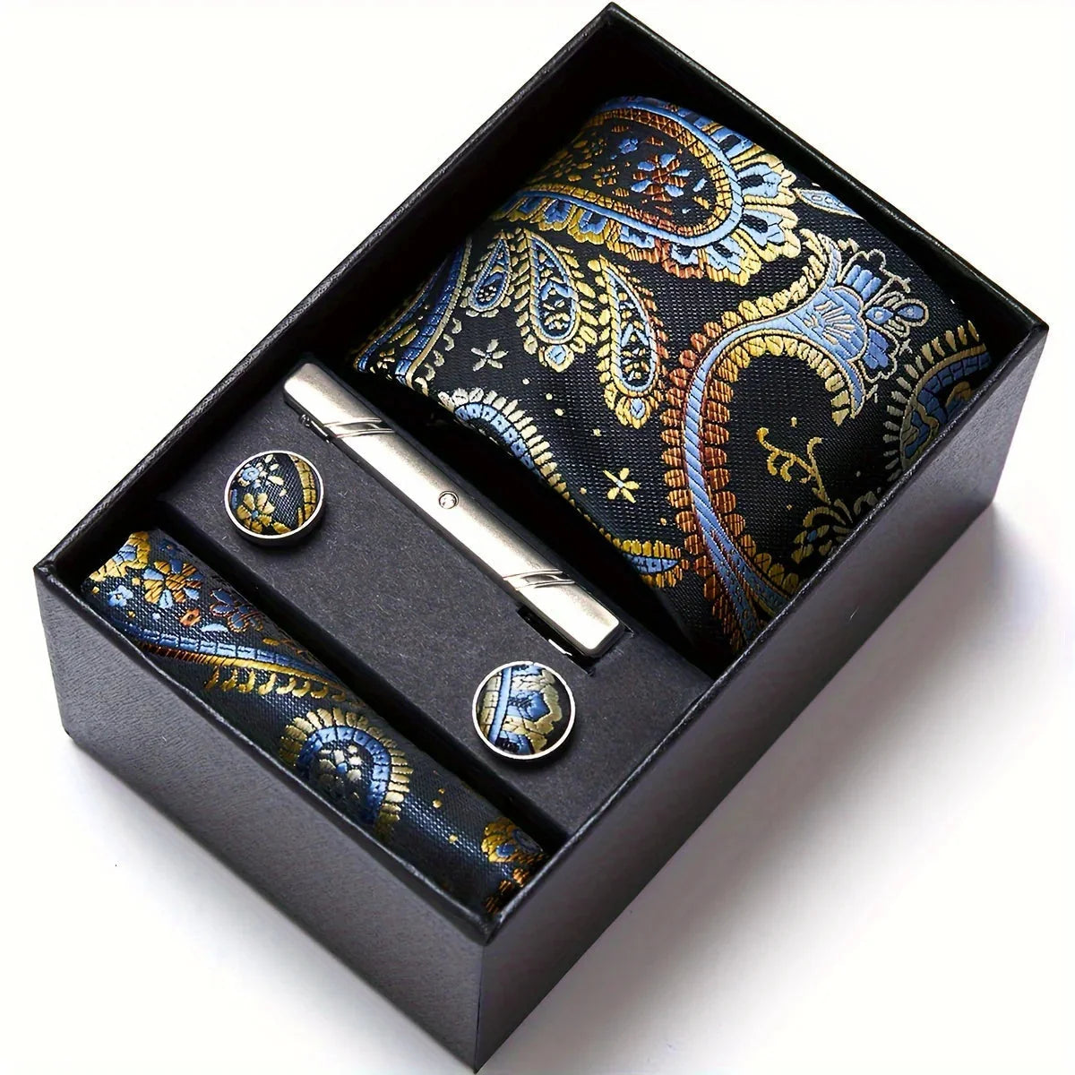Tie Set Paisley Pattern Four Piece With Pocket Square, Tie Clip & Cufflinks