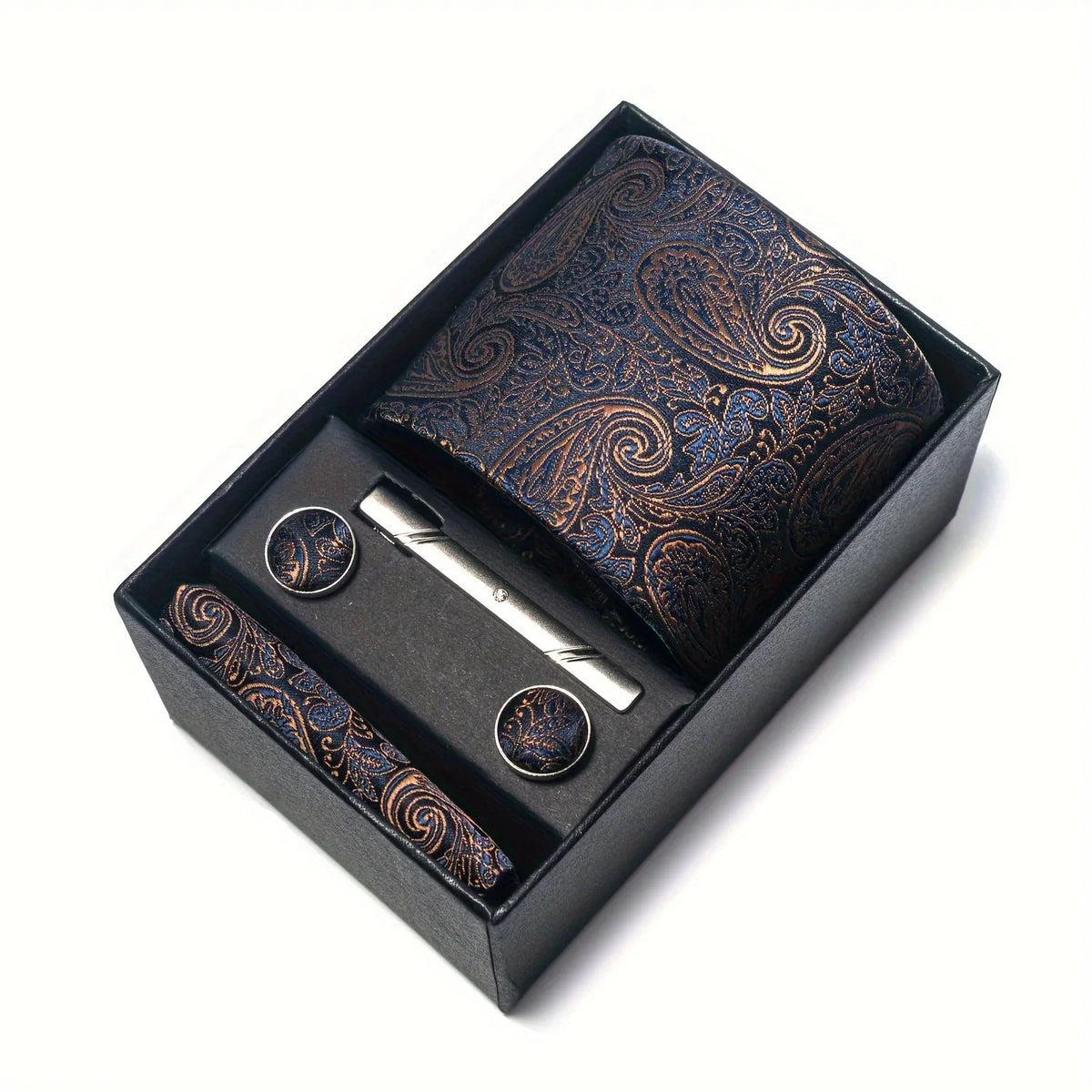 Tie Set Paisley Pattern Four Piece With Pocket Square, Tie Clip & Cufflinks