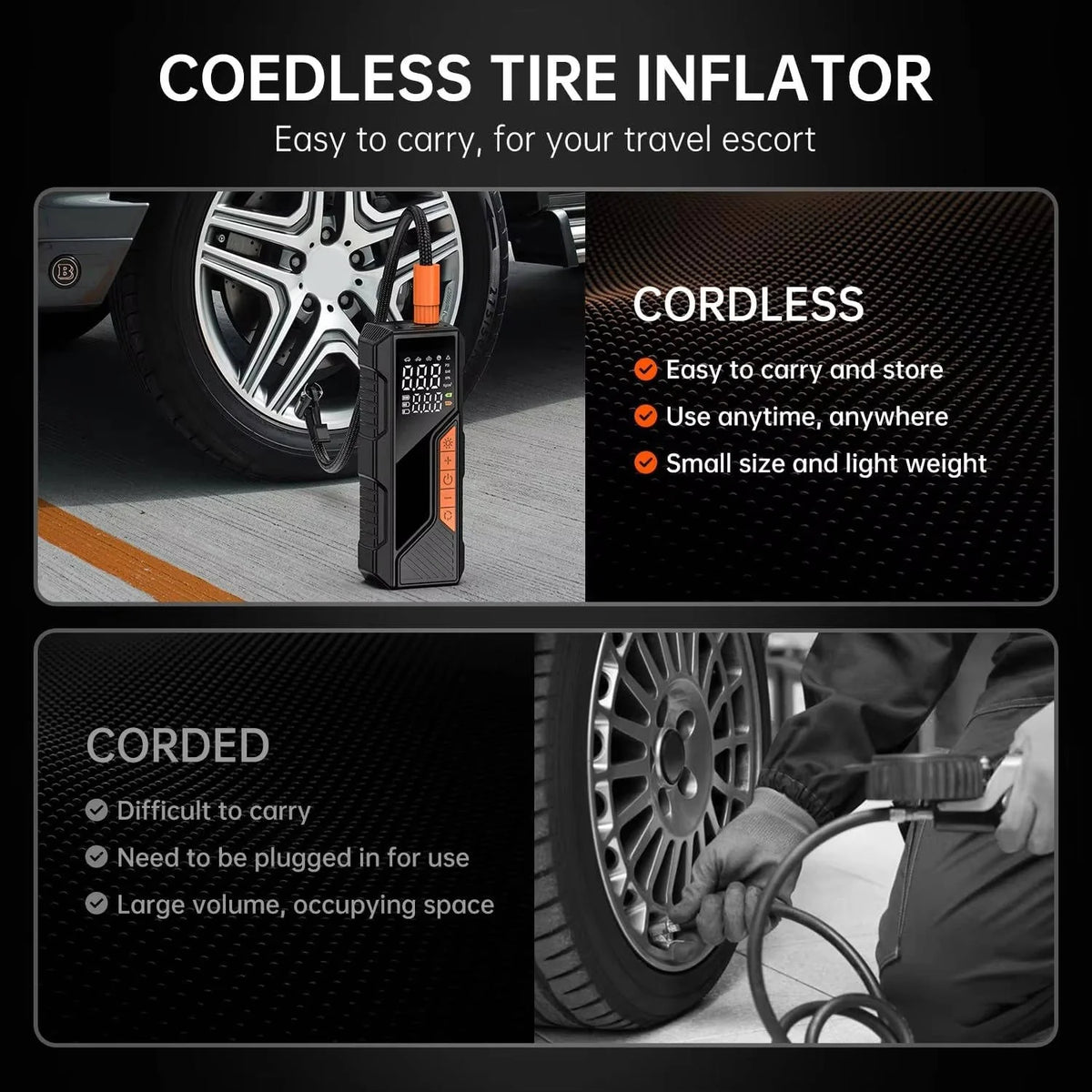 Tire Inflator Cordless Dual-Power 150 PSI Auto Shutoff
