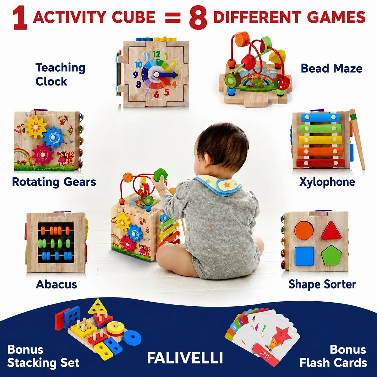 Toddler Activity Cube 8-in-1 Natural Rubberwood