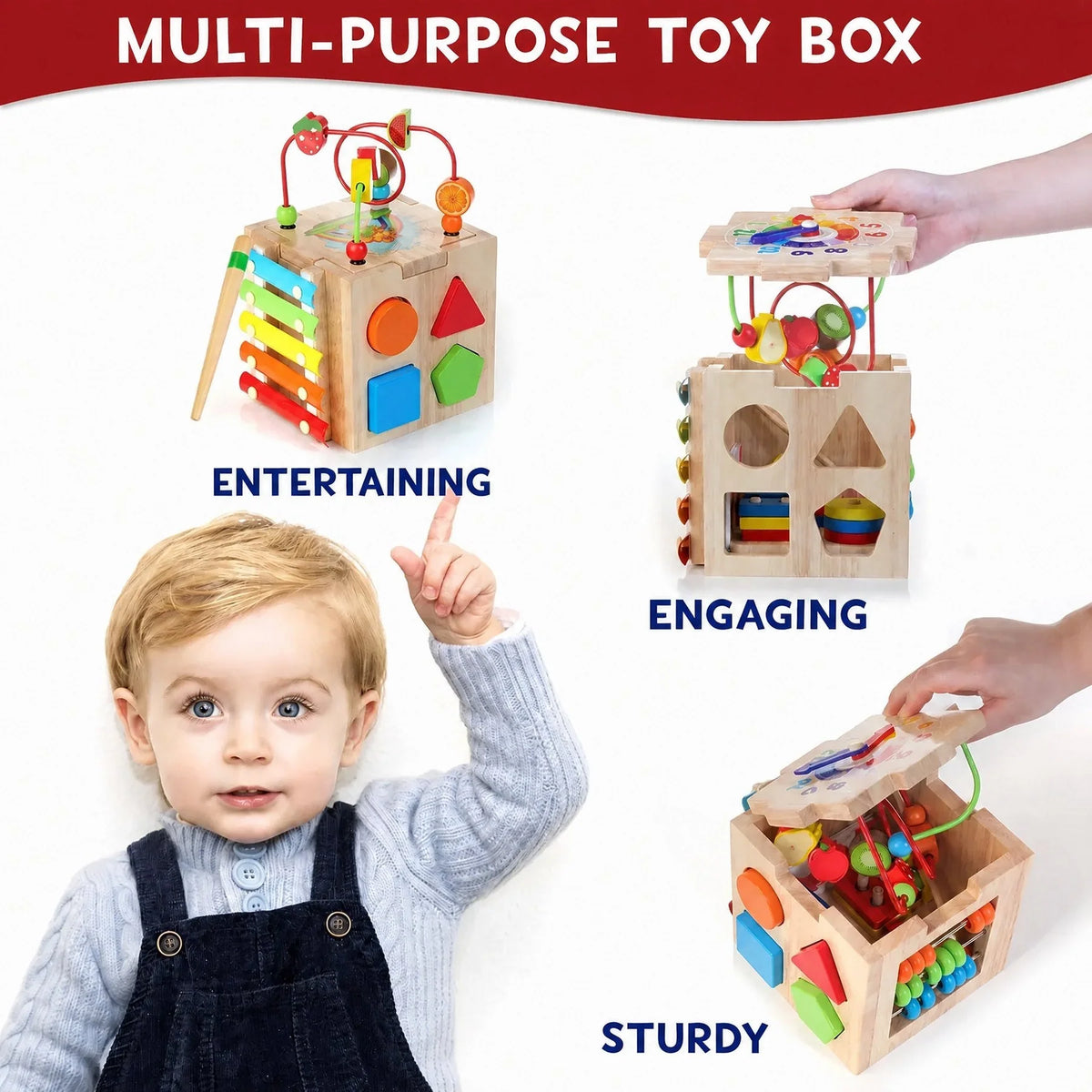 Toddler Activity Cube 8-in-1 Natural Rubberwood