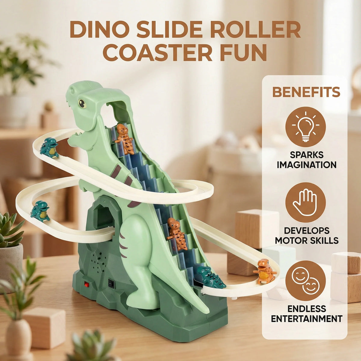 Toddler Slide Dinosaur Design Built-In Steps Stable Frame