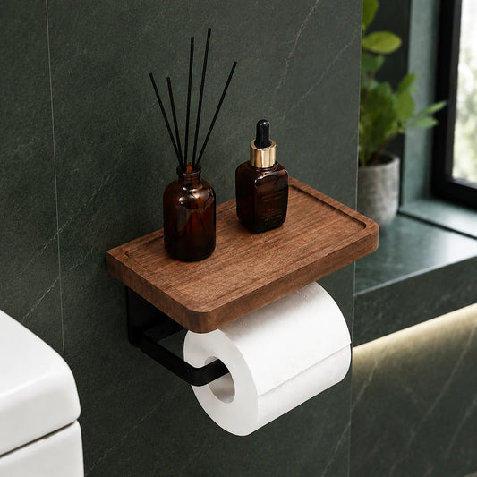 Toilet Paper Holder Solid Wood Ledge & Reinforced Metal