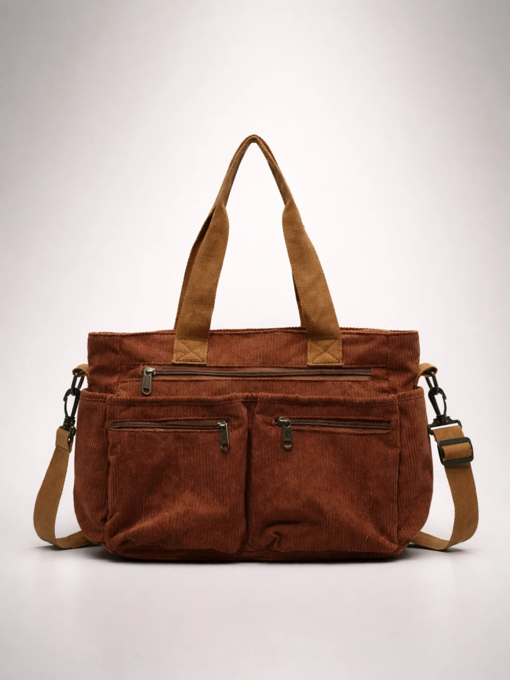 Tote Bag Corduroy Multiple Front Zipper Pockets Crossbody Strap