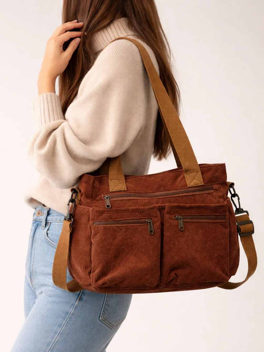 Tote Bag Corduroy Multiple Front Zipper Pockets Crossbody Strap