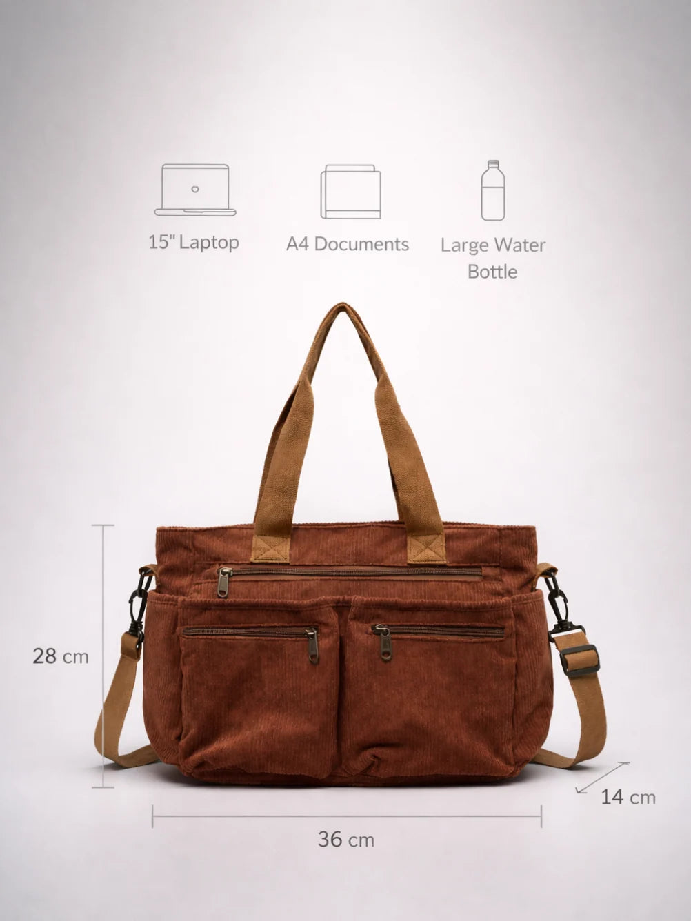 Tote Bag Corduroy Multiple Front Zipper Pockets Crossbody Strap