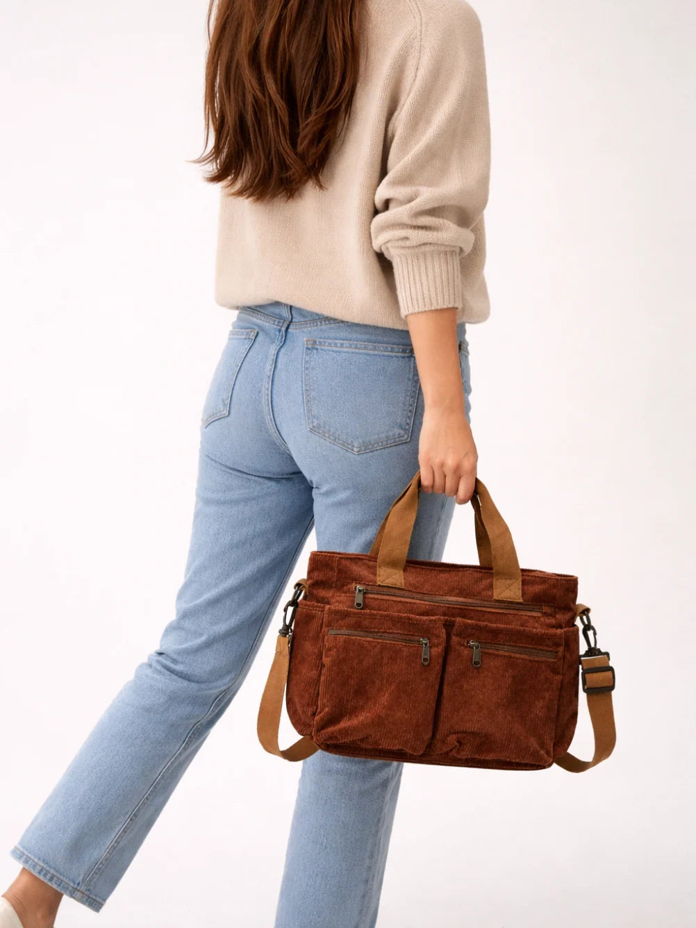 Tote Bag Corduroy Multiple Front Zipper Pockets Crossbody Strap
