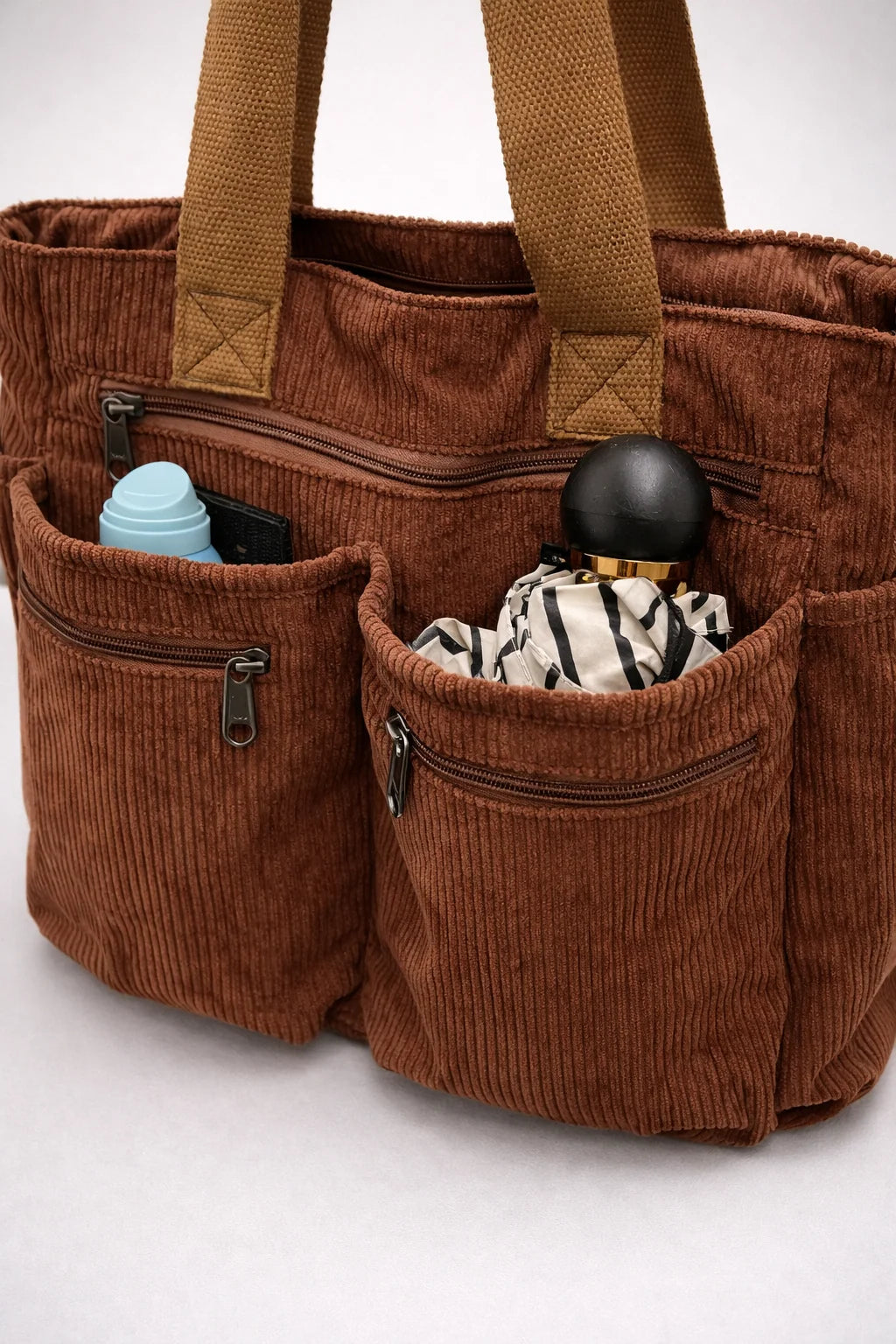 Tote Bag Corduroy Multiple Front Zipper Pockets Crossbody Strap