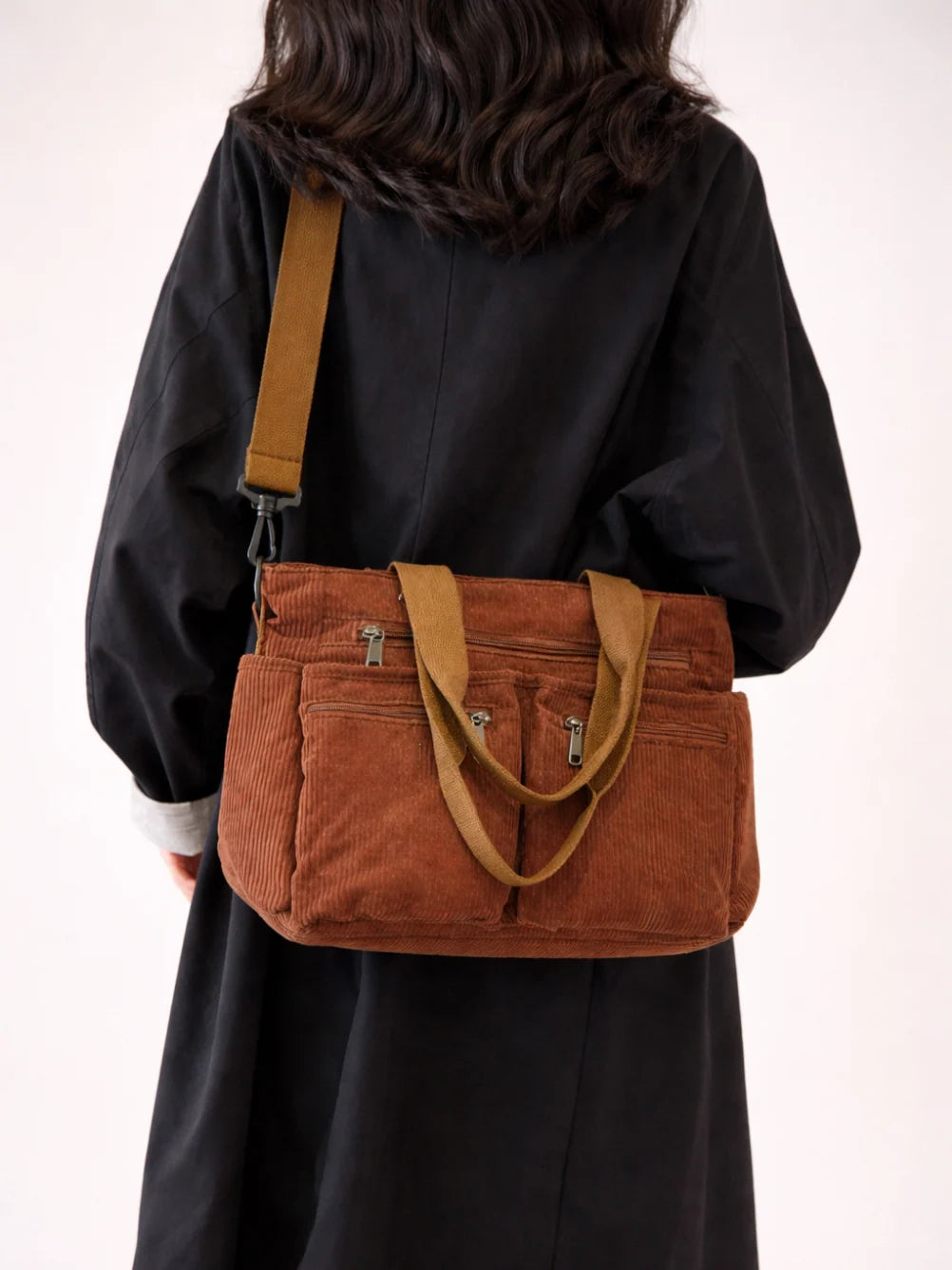 Tote Bag Corduroy Multiple Front Zipper Pockets Crossbody Strap
