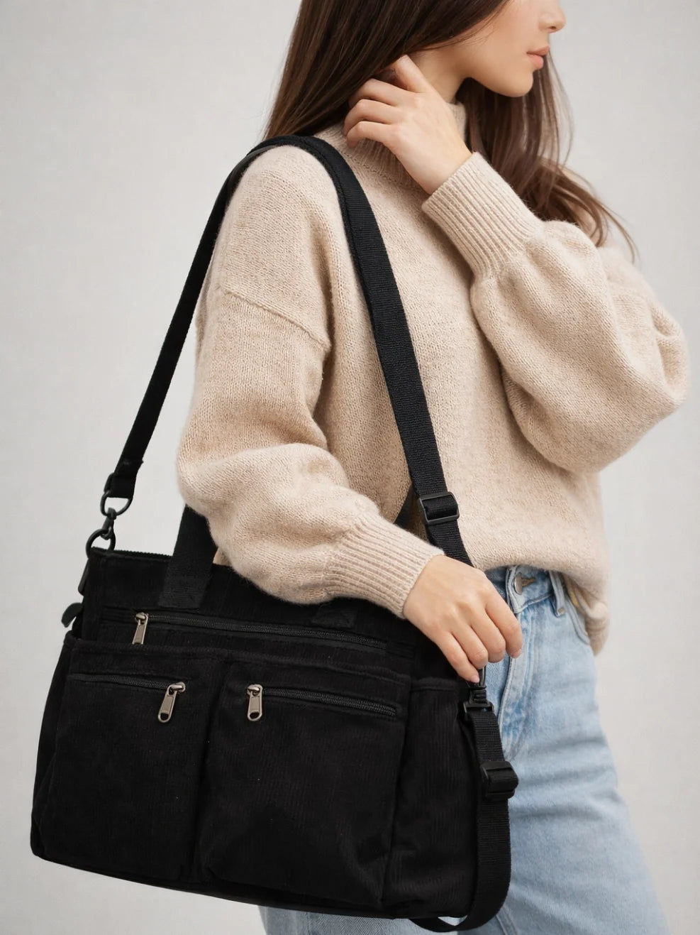 Tote Bag Corduroy Multiple Zipper Pockets Crossbody Strap