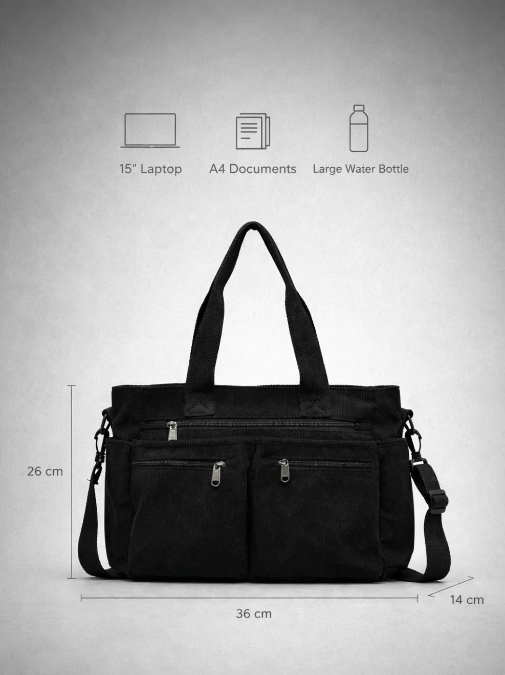 Tote Bag Corduroy Multiple Zipper Pockets Crossbody Strap