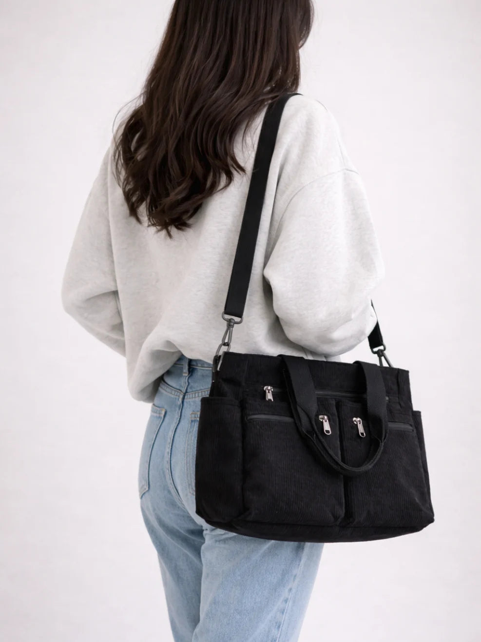 Tote Bag Corduroy Multiple Zipper Pockets Crossbody Strap