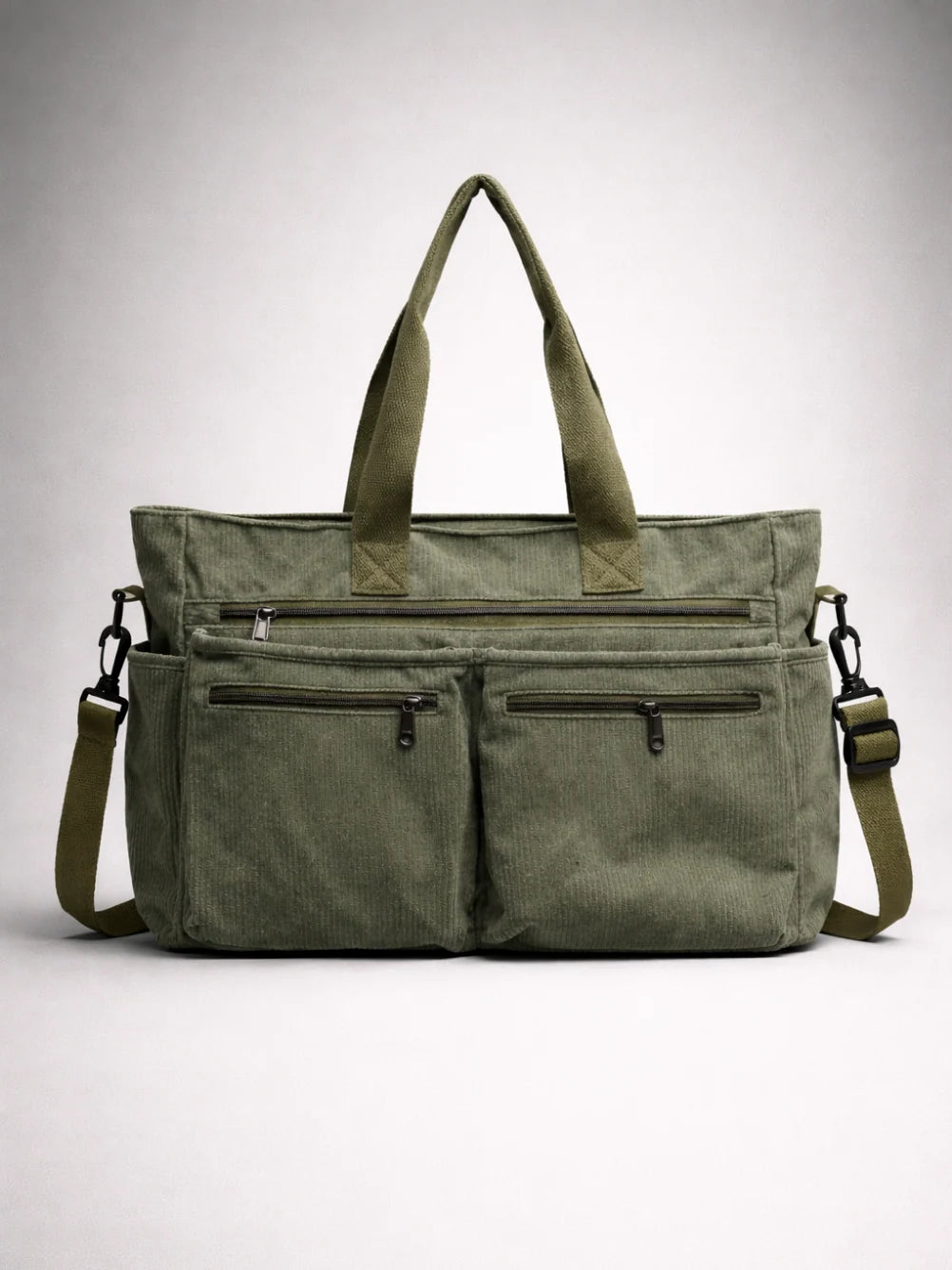 Tote Bag Corduroy Multiple Zipper Pockets Detachable Crossbody Strap