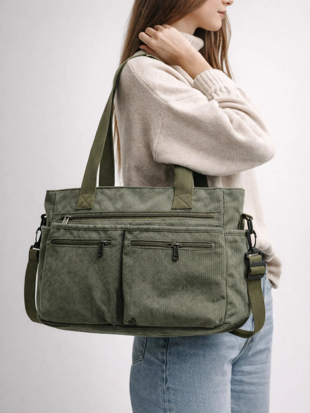 Tote Bag Corduroy Multiple Zipper Pockets Detachable Crossbody Strap