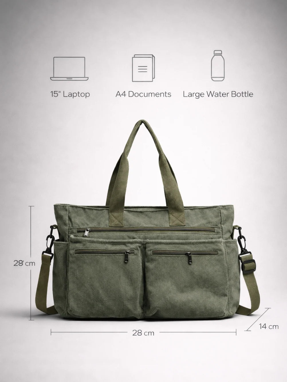 Tote Bag Corduroy Multiple Zipper Pockets Detachable Crossbody Strap