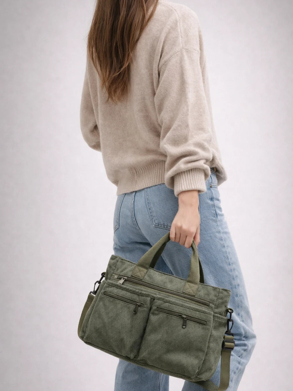 Tote Bag Corduroy Multiple Zipper Pockets Detachable Crossbody Strap