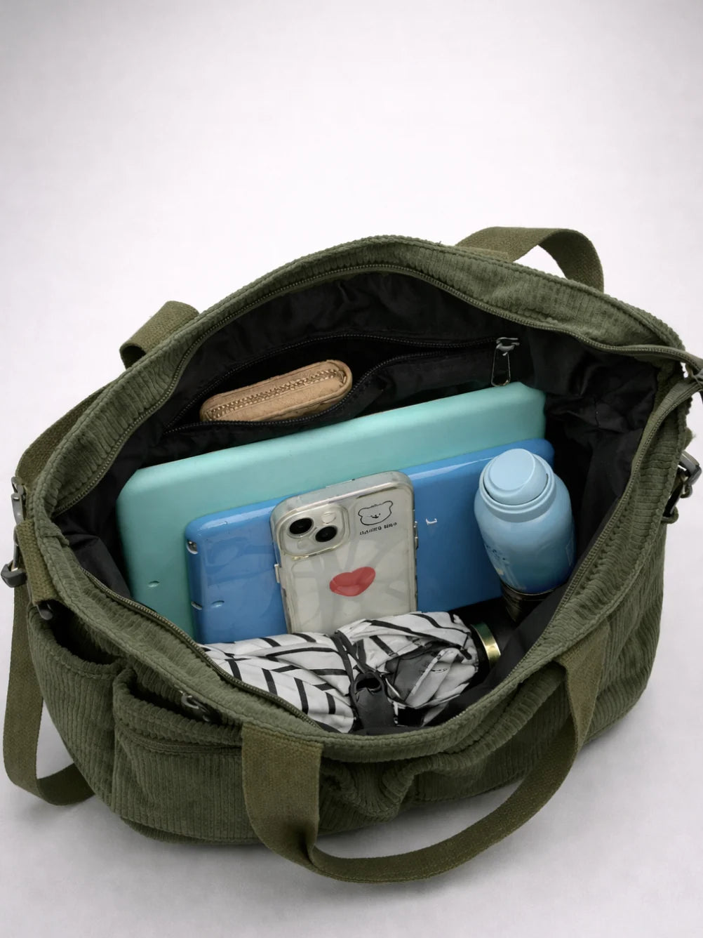Tote Bag Corduroy Multiple Zipper Pockets Detachable Crossbody Strap