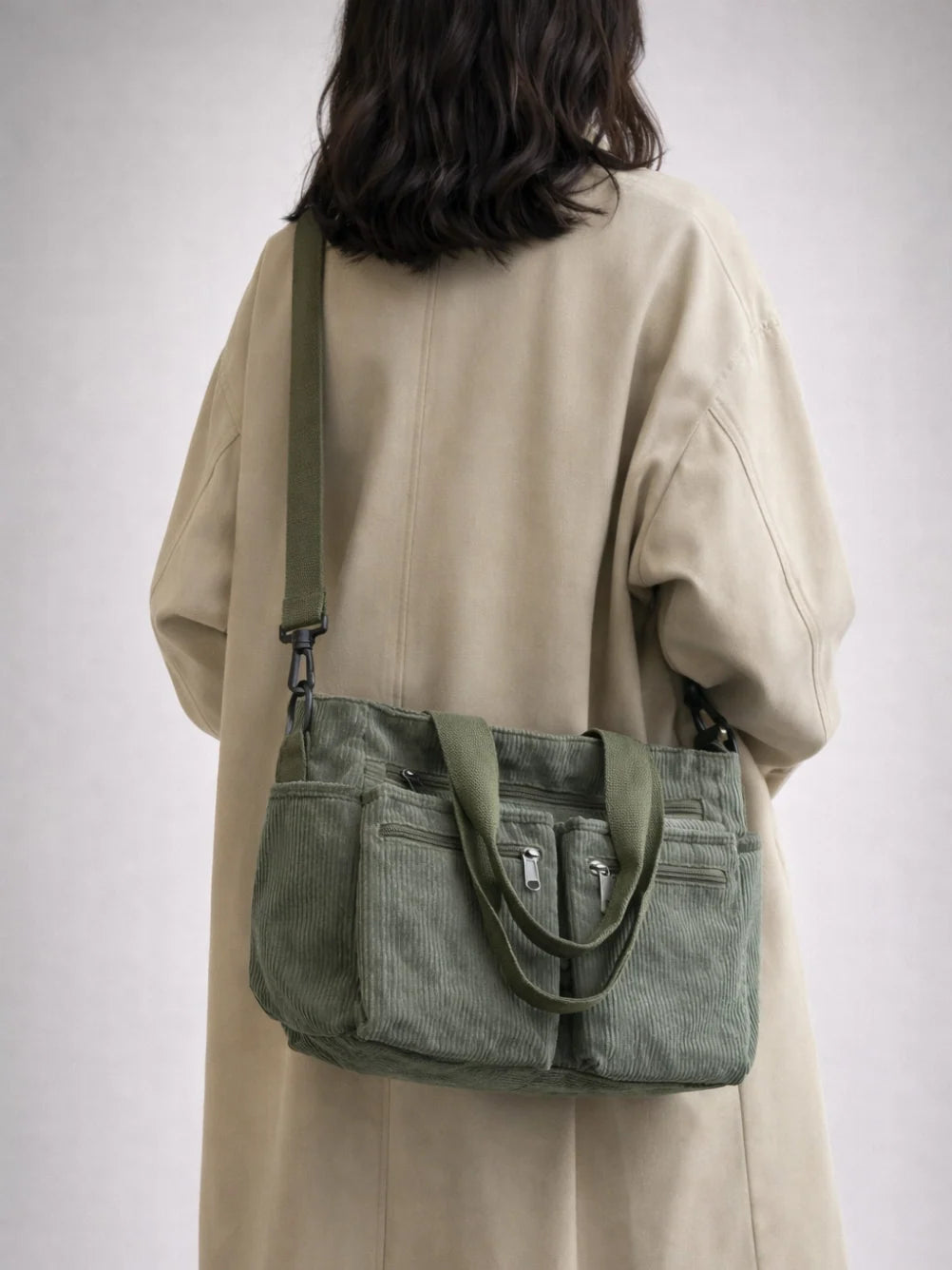Tote Bag Corduroy Multiple Zipper Pockets Detachable Crossbody Strap