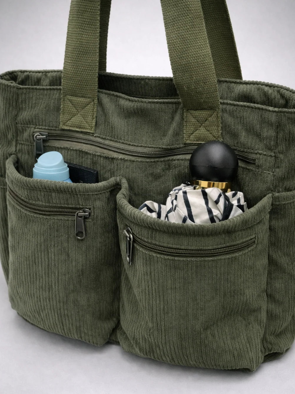Tote Bag Corduroy Multiple Zipper Pockets Detachable Crossbody Strap