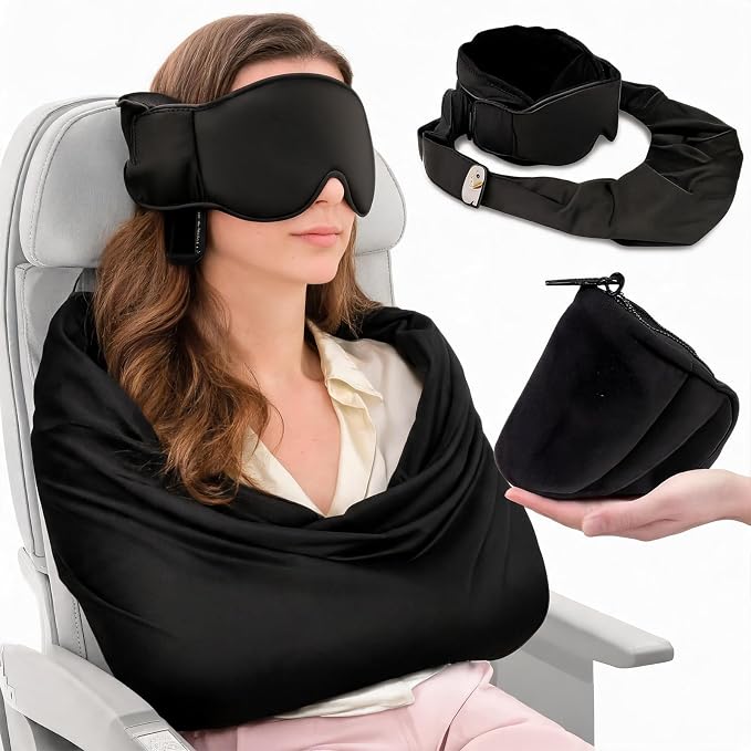 Travel Pillow Set Contoured Memory Foam Blackout Eye Mask & Support Sling